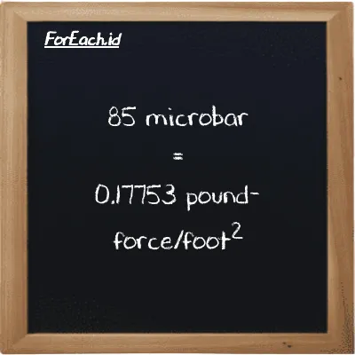 85 mikrobar setara dengan 0.17753 pound-force/kaki<sup>2</sup> (85 µbar setara dengan 0.17753 lbf/ft<sup>2</sup>)